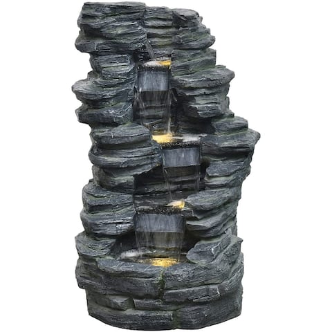 Hanover 38-In. 4-Tier Stacked Stone Indoor or Outdoor Garden Fountain with LED Lights for Patio, Deck, Porch
