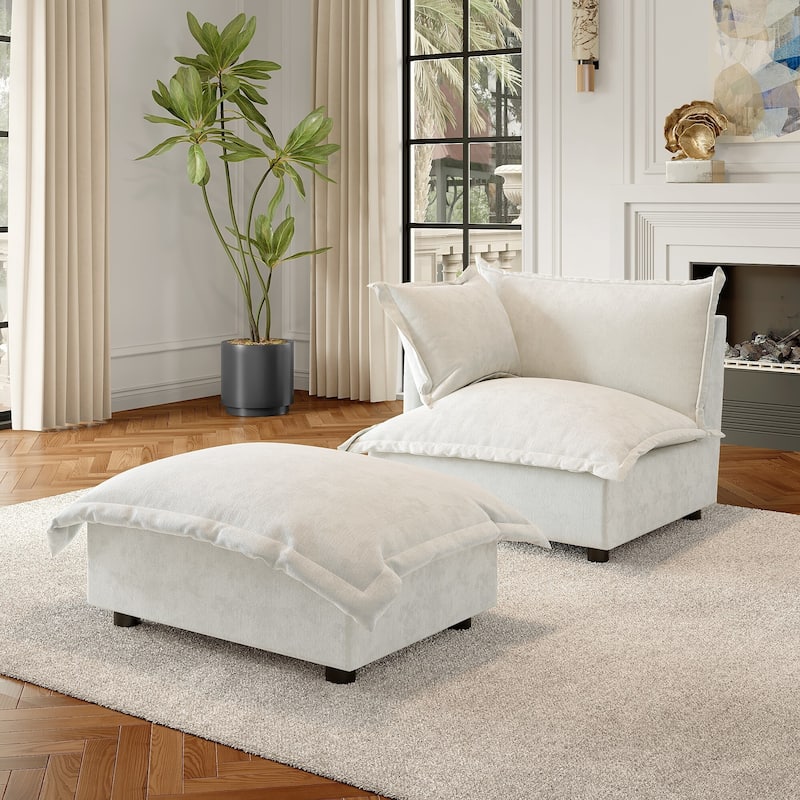 Modern Cloud Chaise Longue Accent Chair with Ottoman set - Beige-left - Corner Chair+ottoman