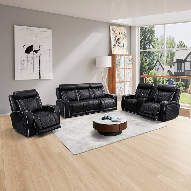 Black Breathable Leather 3-Piece Living Room Functional Sofa Set - Black