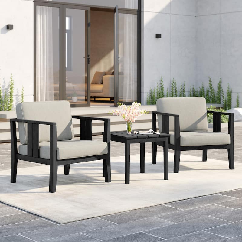 Uixe 3-piece Teak Solid Wood Outdoor Arm Chairs with Side Table Set - Black frame-Camel