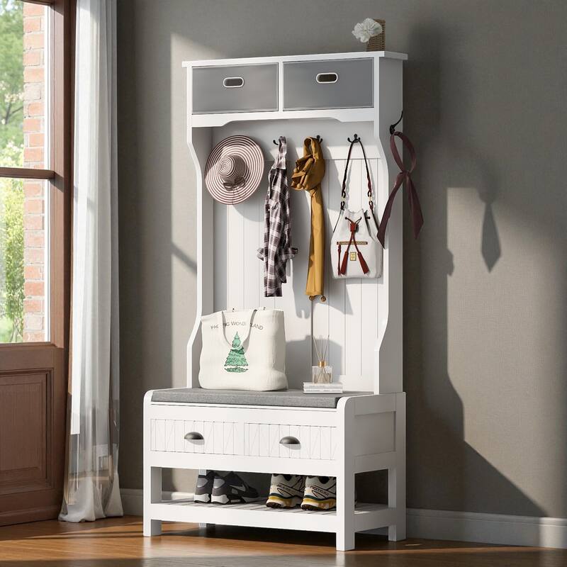 69'' H Hall Tree with 6 Hooks, Bench & Drawers, 3-in-1 Entryway Storage Organizer with Shoe Shelf for Hallway