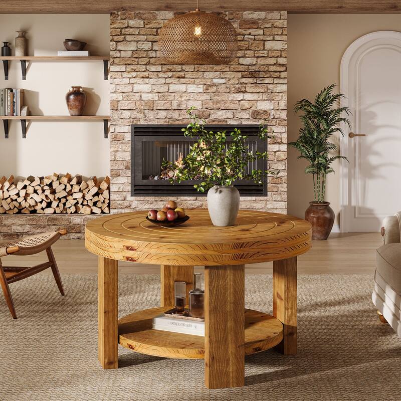 31.5" Round Coffee Table, 2-Tier Farmhouse Solid Wood Coffee Table