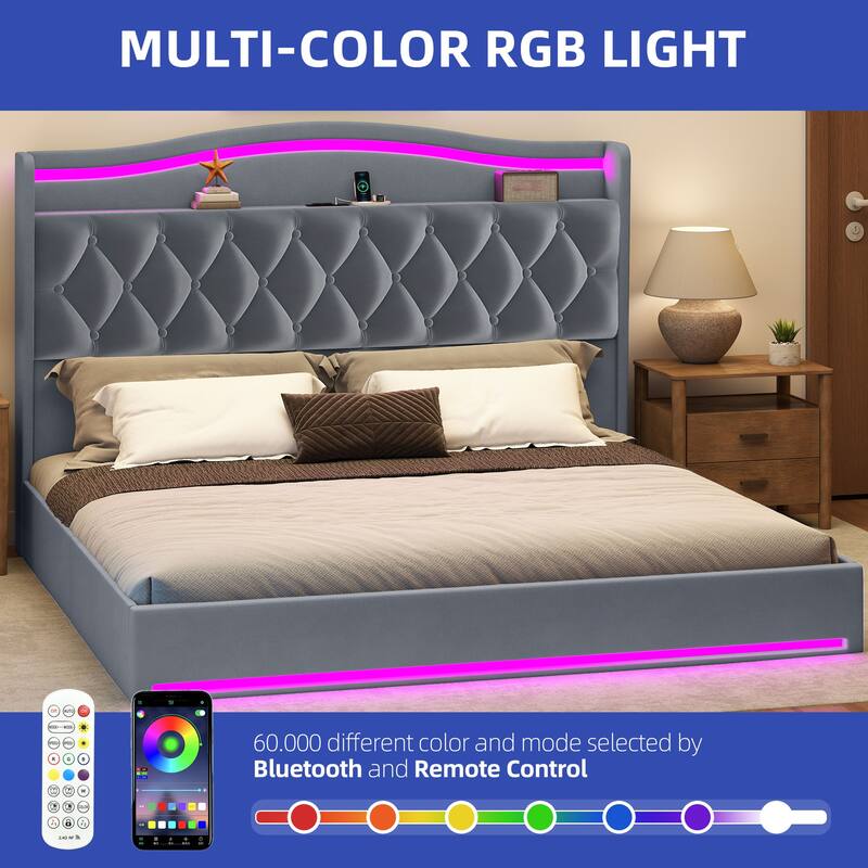 Moasis Queen Size Velvet Upholstered Bed Frame with 4 Storage Drawers & RGB Lights