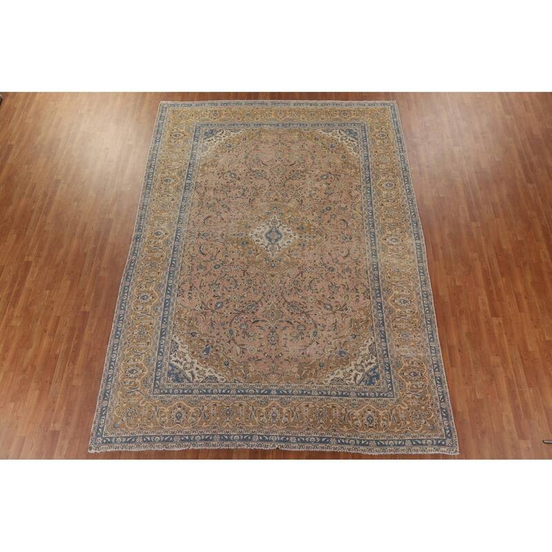 Distressed Floral Kashan Persian Antique Area Rug Handmade Wool Carpet - 9'0" x 12'5"