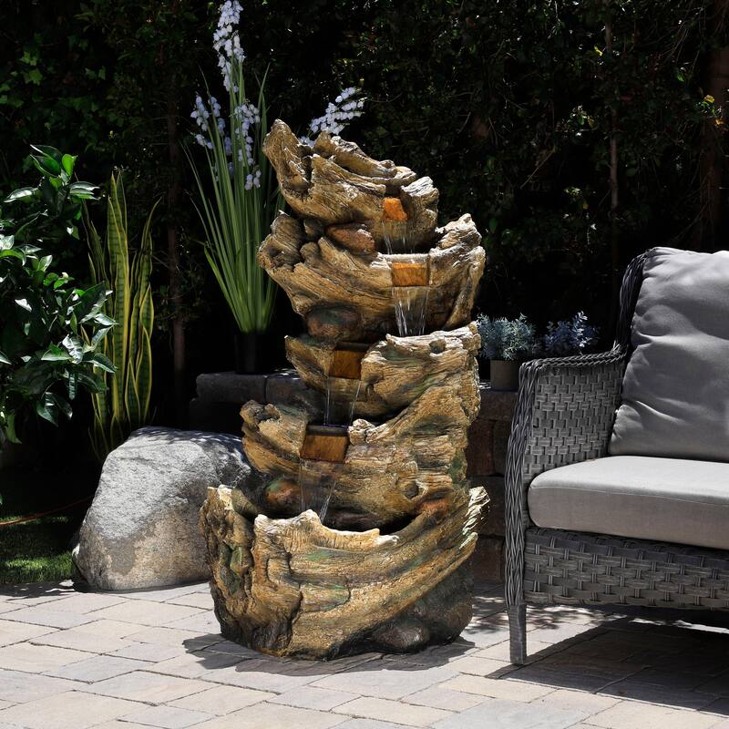 Alpine Corporation 47" Tall Outdoor 5-Tier Tree Trunk Waterfall Floor Fountain with LED Lights