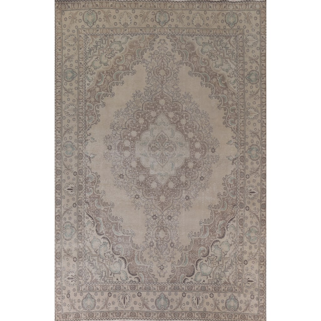 Hand Knotted Oriental 100% Wool Carpet Traditional Medallion Beige & Ivories Tabriz Area Rug - 12' 2'' X 9' 8''