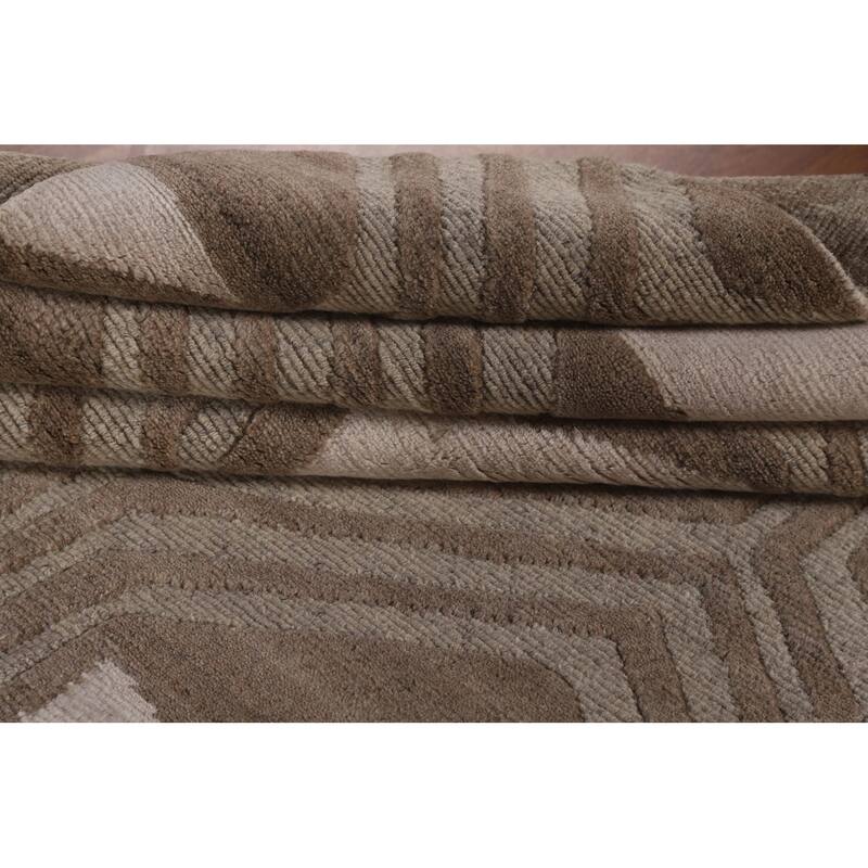 Geometric Modern Oriental Area Rug Handmade Beige Wool Carpet - 9'0" x 11'8"