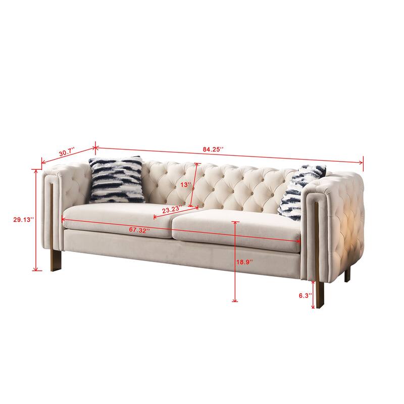 Chesterfield Tufted Velvet Couch with Gold Legs, Includes 2 Toss Pillows for Living Room