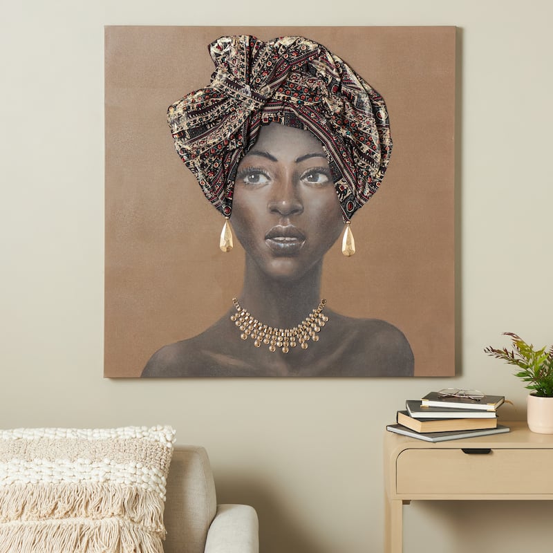 Canvas Woman Wall Art with 3D Fabric Headwear And Gold Jewels - Brown - Roche River Decor