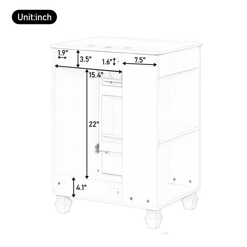 24" Bathroom Vanity with Ceramic Sink, Pine Wood Frame, Soft-Close Door & Side Open Storage