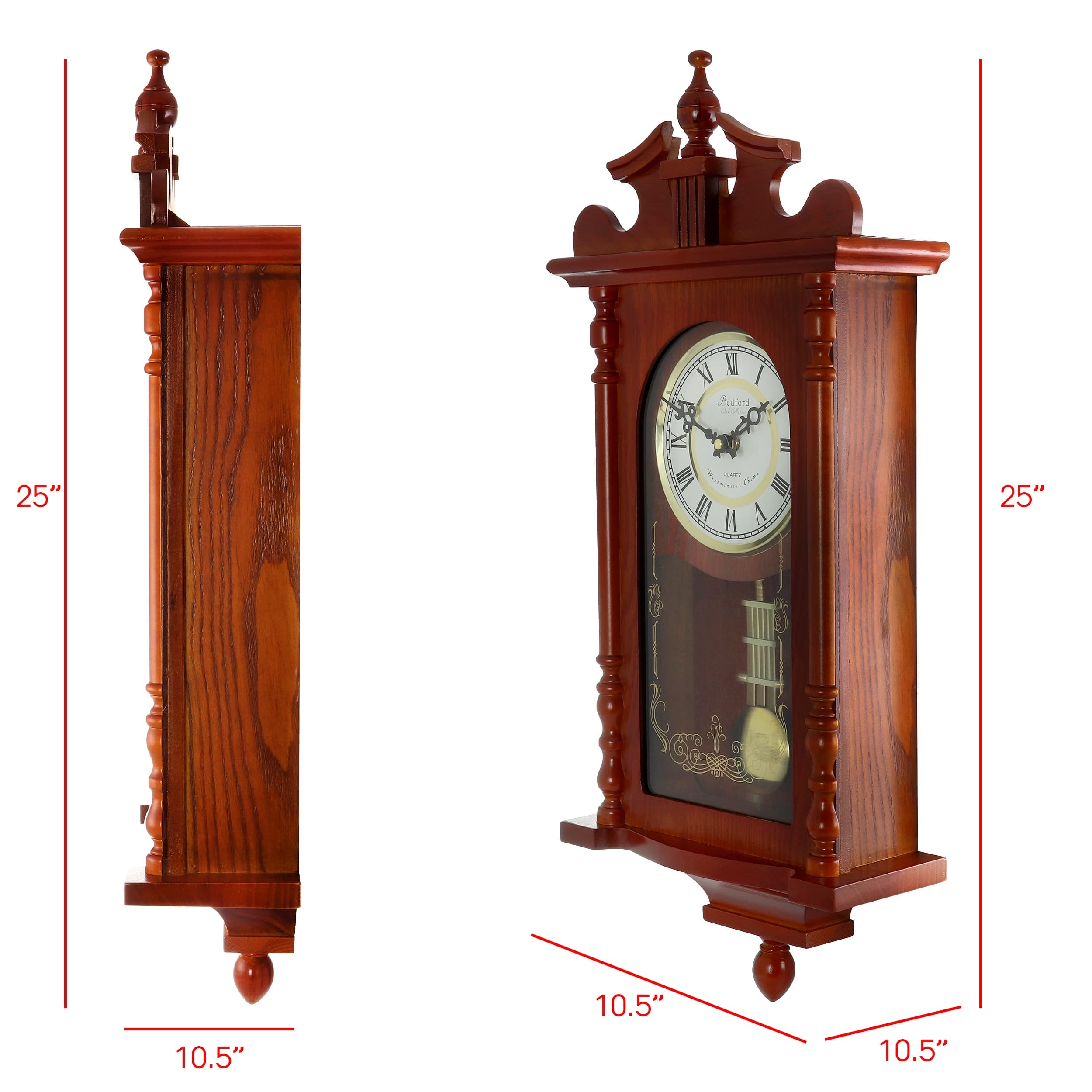 Bedford Clock Collection Decorative Wall Clock with Pendulum and Chime