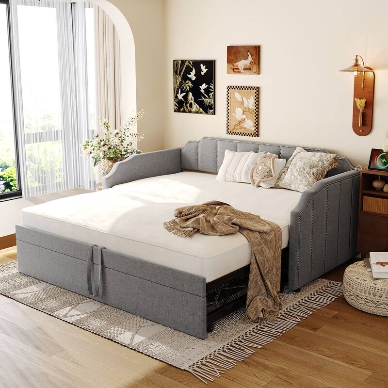 Twin Upholstered Daybed with Pop-Up Trundle, USB Charging Ports, Convertible Sofa Bed - Grey - Twin