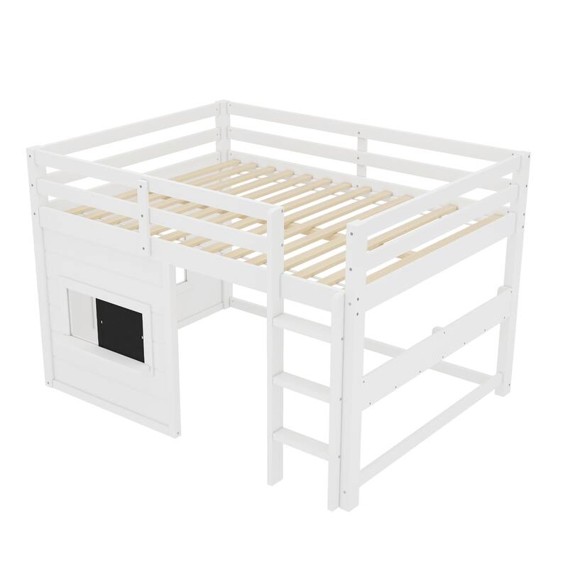 Full Size loft bed with a playful sliding chalkboard, built-in bookshelf, and high-quality safety rails