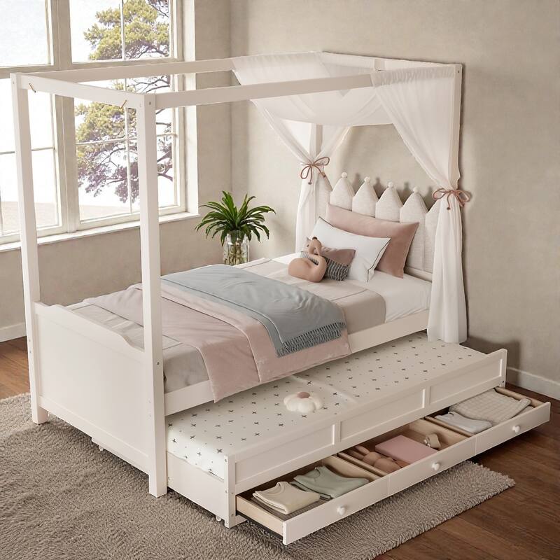 Princess Canopy Platform Bed with Upholstered Headboard, Trundle and 3 Drawers, Kids House Bed Frame with Storage