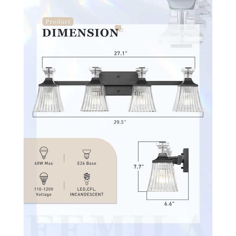 29" 4-Light Bathroom Vanity Light, Wall Sconces With Rippled Glass