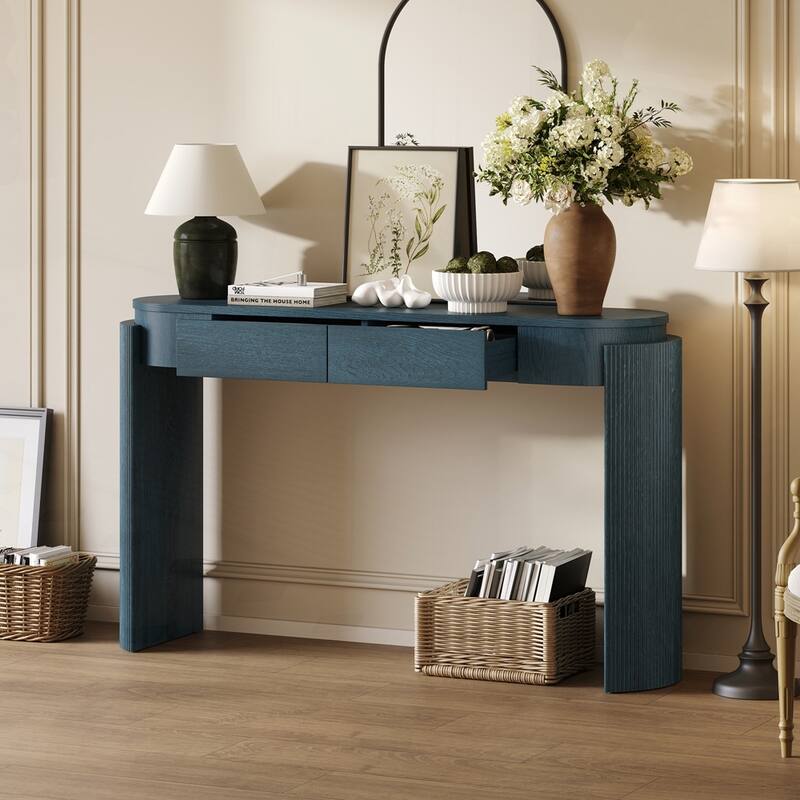 Console Table with Fluted Legs,Oval Top and 2 Drawers for Modern and Elegant Living Spaces