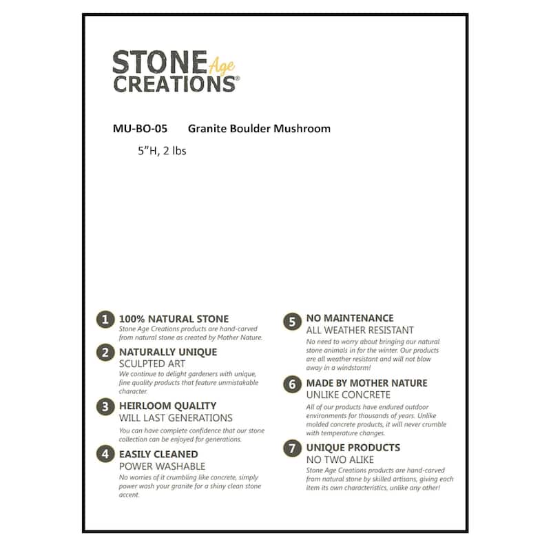 Stone Age Creations Granite Boulder Mushrooms -Garden or Landscaping Accents