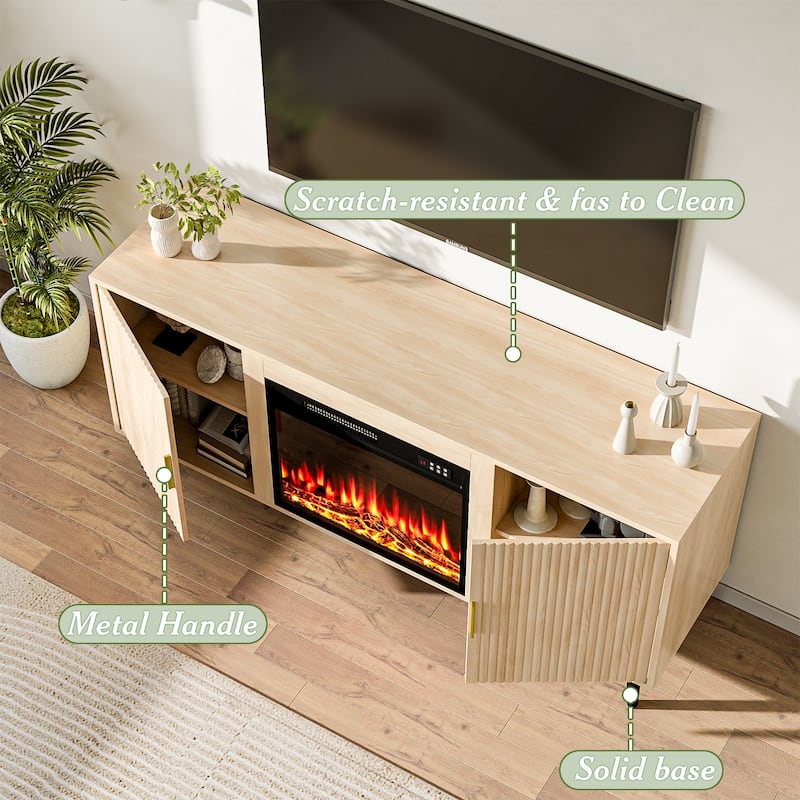 BOSSIN 58"Mid-Century Electric Fireplace TV Stand with Fluted Panels, Remote Control, and Adjustable Shelves for TVs up to 65"