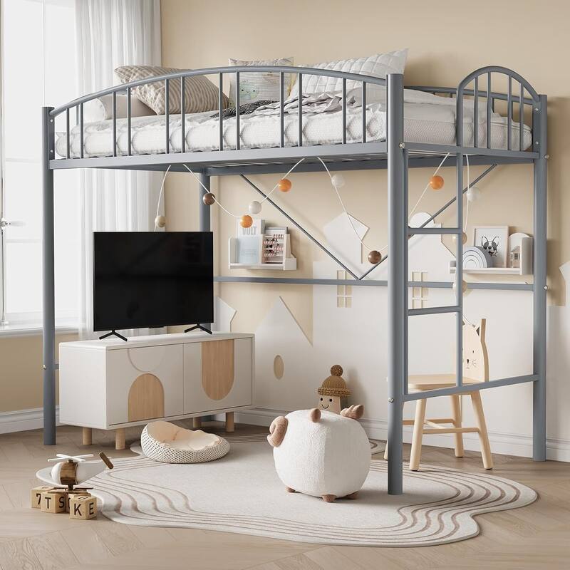 Space-Saving Twin Metal Loft Bed Frame, Safety Ladder, No Box Spring Needed - Grey