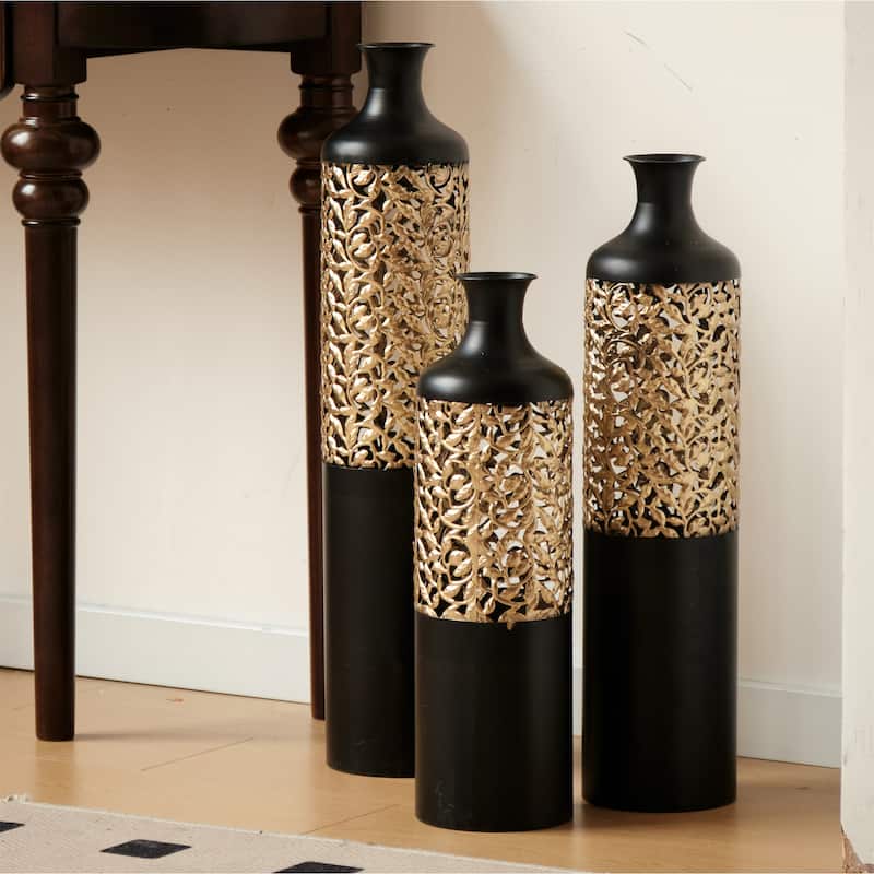 Decorated Floor Glazed Metal Vases (Set of 3)