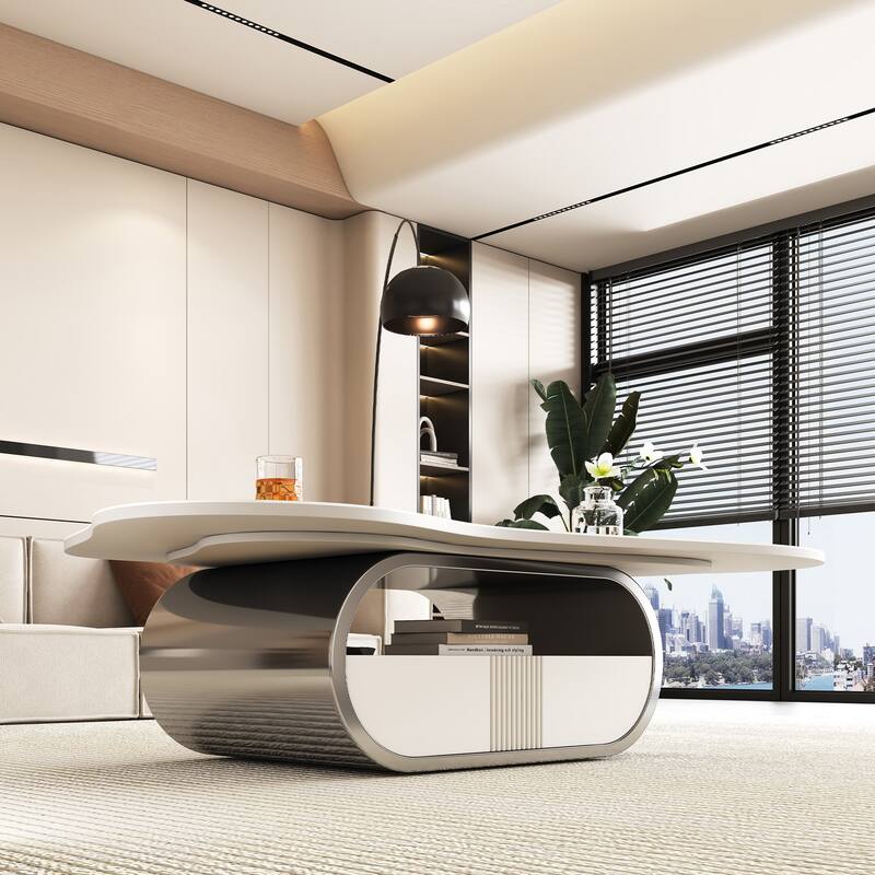 GDFStudio - Contemporary 41.7" Modern Butterfly Coffee Table with Sintered Stone Top, Soft-Close Storage Drawer & Shelf