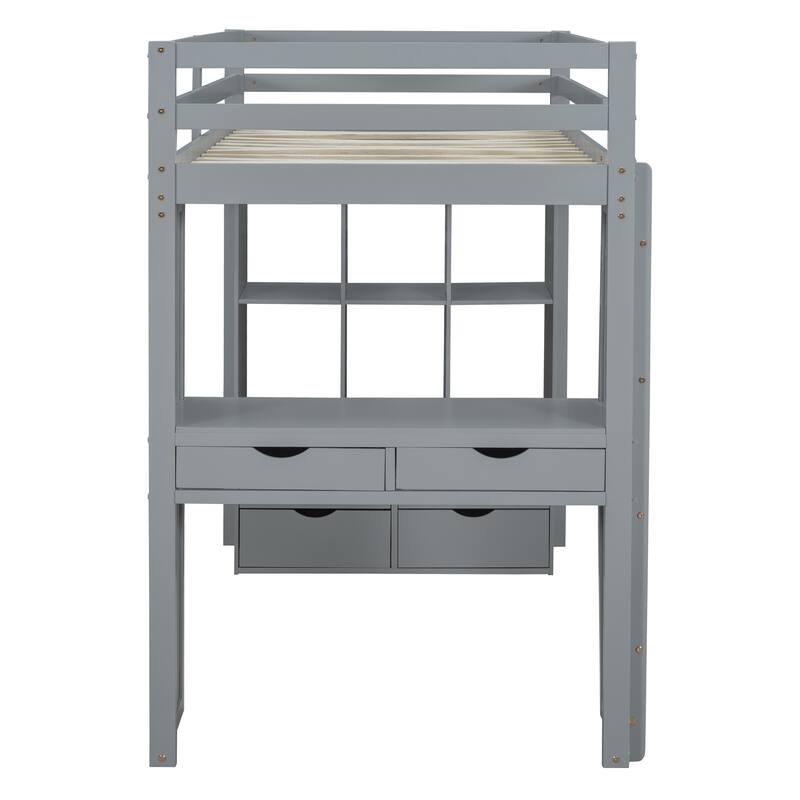 Twin Loft Bed with Shelves, Desk, and LED Light in Gray