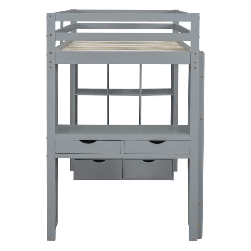 Twin Size Solid Wood Loft Bed with large shelves, writing desk and LED Light for Bedroom