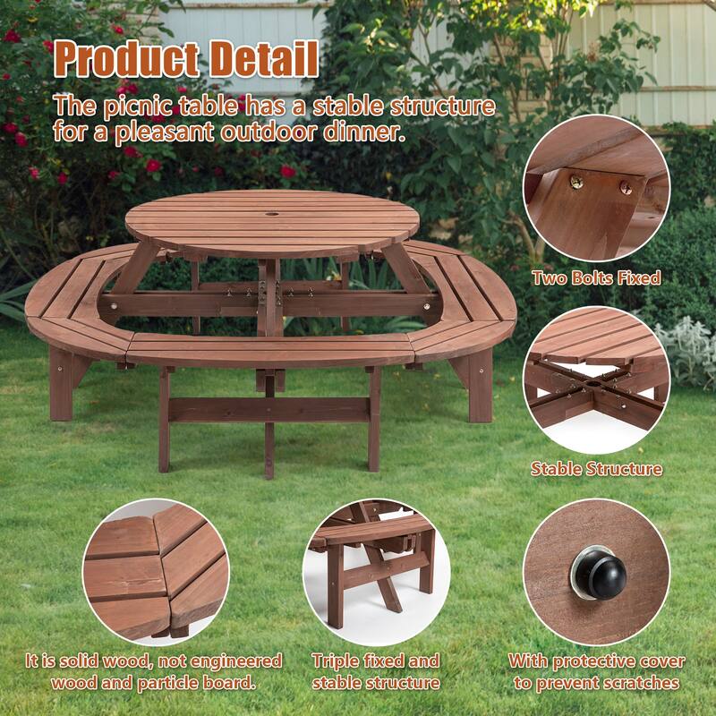 10-12 Person Outdoor Patio Fir Wood Round Picnic Dining Set with Built-in Benches and Umbrella Hole