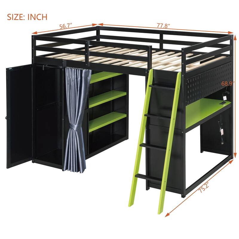 Full Size Loft Bed with Wardrobe, Desk, Shelves, Blackout Curtains & RGB Lights, Workstation with USB Port