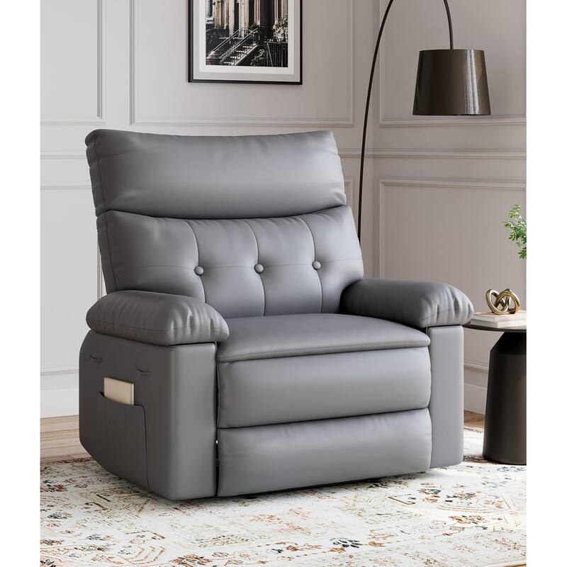 27" Oversized PU Leather Massage Recliner with Heat & Vibration, Cup Holders, Side Pockets, Wood Frame - Gray