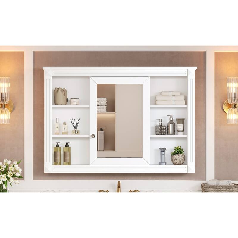 42"Wall Mounted Bathroom Storage Cabinet, Modern Wall Cabinet with Mirror, Mirror Cabinet with 6 Open Shelves