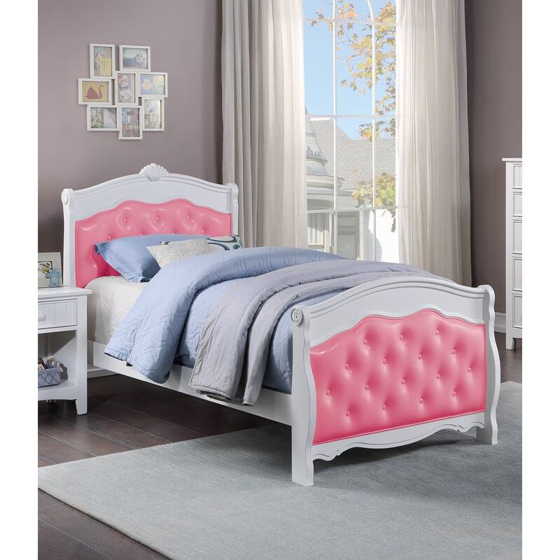 White Full Size Bed Youth Bedroom Furniture Pink Faux Leather Headboard Footboard Plywood 1pc Bedframe