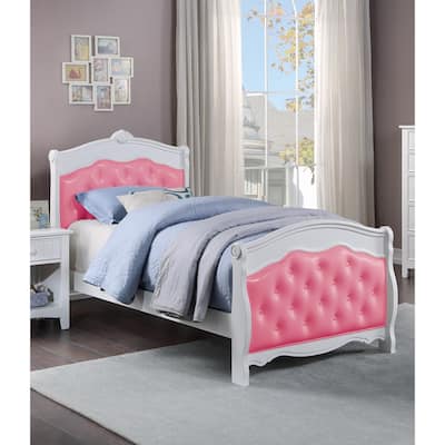 White Full Size Bed Youth Bedroom Furniture Pink Faux Leather Headboard Footboard Plywood 1pc Bedframe