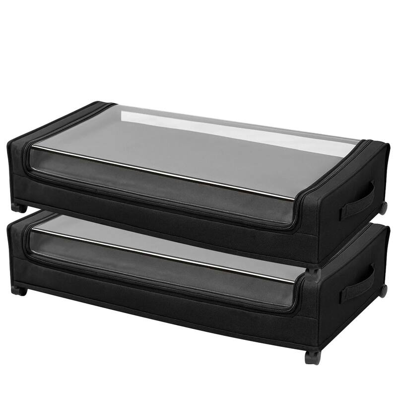 2 Pack Under Bed Storage Fabric Rolling Container with Casters and Clear Top Side Label Slots - 30.3 x 18.5 x 6.8 inch