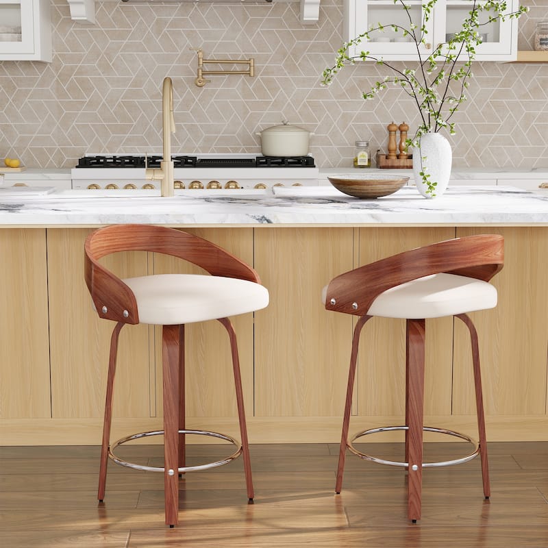 Bar Stools Set of 2, Swivel Bar Height Stools with Low Back, Wood Bar Chairs - Beige