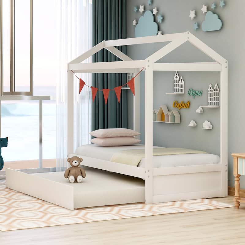White Twin Pine House Bed with Trundle & Roof