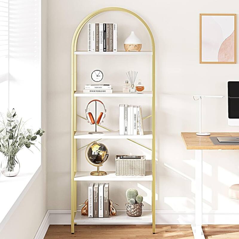 5-Tier Arched Bookshelf, Tall Wood Bookcase with Metal Frame, Modern Storage Rack for Living Room, Bedroom, or Home Office