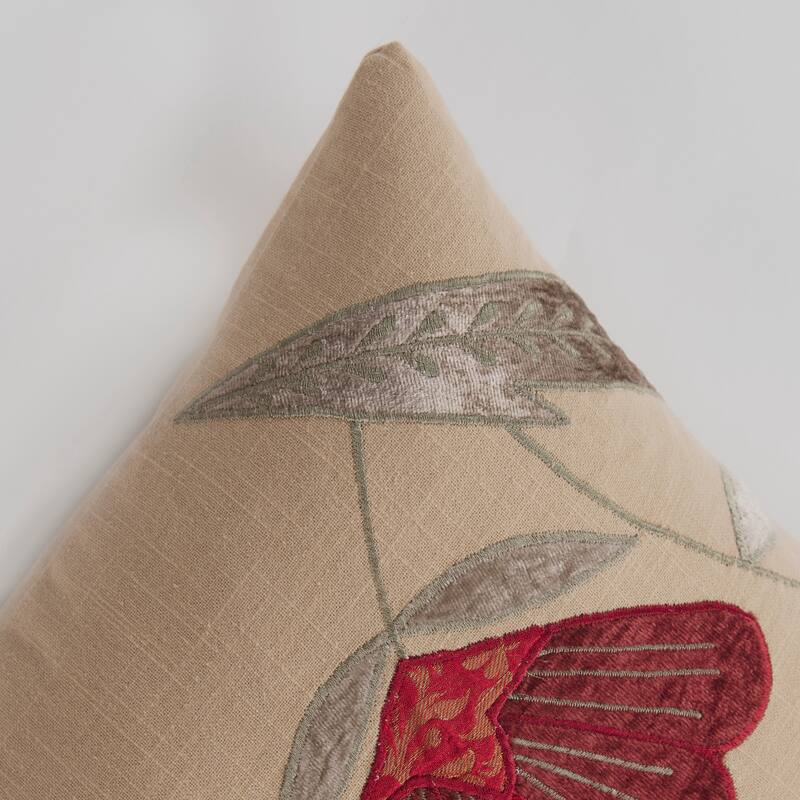 Rizzy Home Beige, Red, and Olive Green Floral Throw Pillow