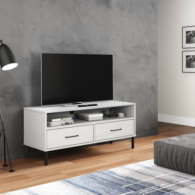 vidaXL TV Stand TV Console TV Console with Metal Legs Solid Wood Pine OSLO - 41.7" x 15.7" x 18.3" - White