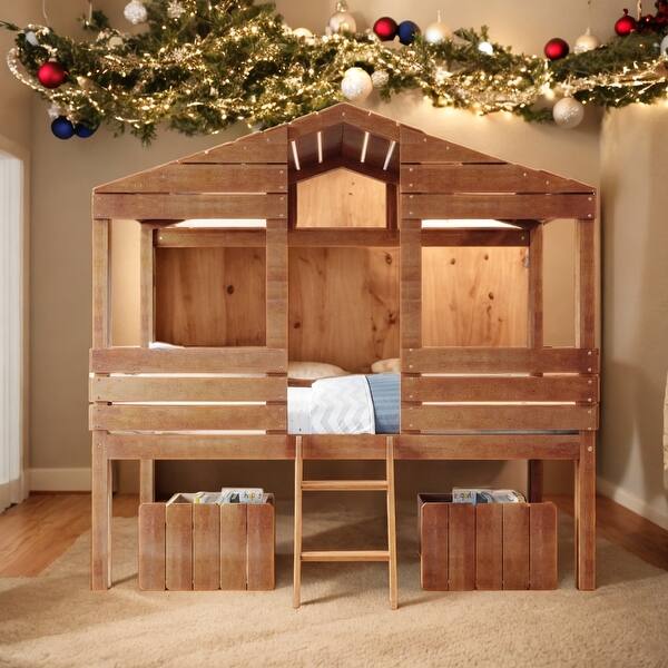 Twin Size Low Loft Wood House Bed with Two Drawers - Bed Bath & Beyond ...