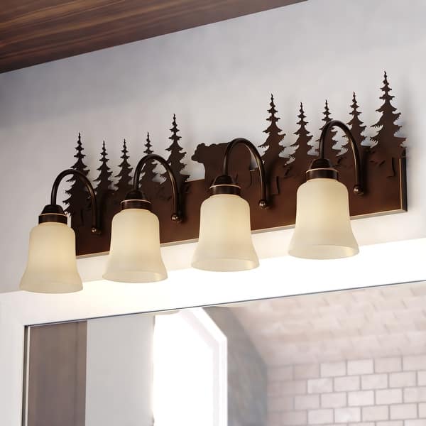 slide 2 of 11, Bozeman 4-Light 33 in. W Burnished Bronze Rustic Cabin Bathroom Vanity Lighting Fixture, Amber Flake Glass Shade, Bear and Trees 33-in W x 14-in H x 8-in D - Burnished Bronze