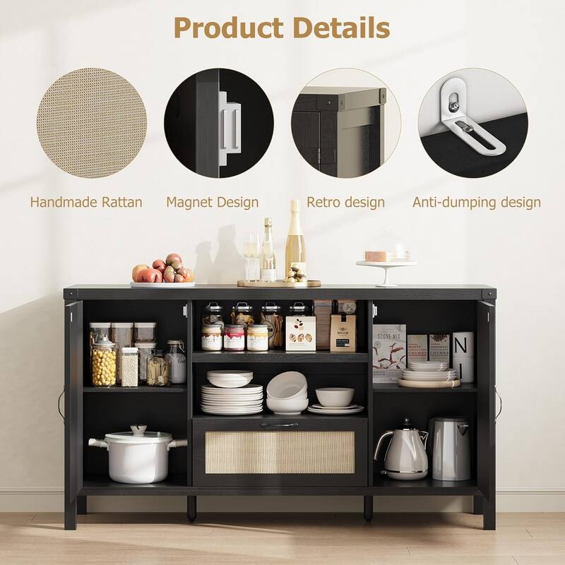 47.2" Rattan Sideboard Buffet Cabinet with Storage, Farmhouse Kitchen Buffet Cabinet with Drawer