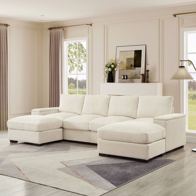 U-shaped corduroy sofa with removable footstool and storage armrests