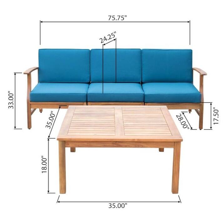 Outdoor 3-Seater Acacia Wood Sofa Set with Coffee Table and Water-Resistant Cushions, Removable Covers Included