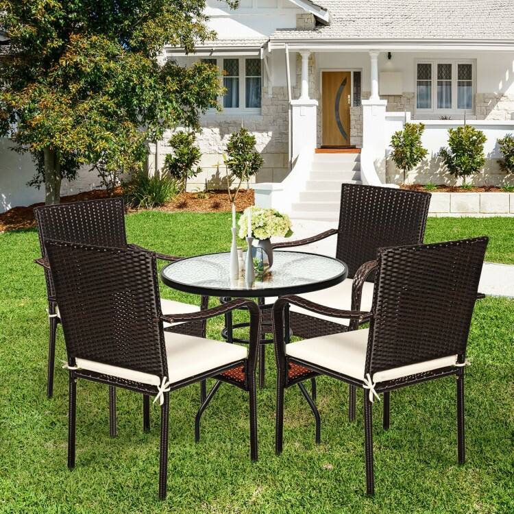 Set of 4 Patio Rattan Stackable Dining Chair with Cushioned Armrest for Garden - 24" x 23" x 34" (L x W x H)