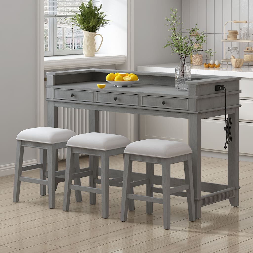 Light Grey Counter Height Dining Table Bar Table with USB Charging, Breakfast Nook Dining Table & Chairs Set