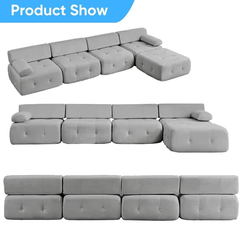 Mixoy 134inch Modular Sectional Sofa with Ottoman,Velvet L-Shaped Couch Indoor for Living Room - 133.9"w x 66.9"D x 24.8"H