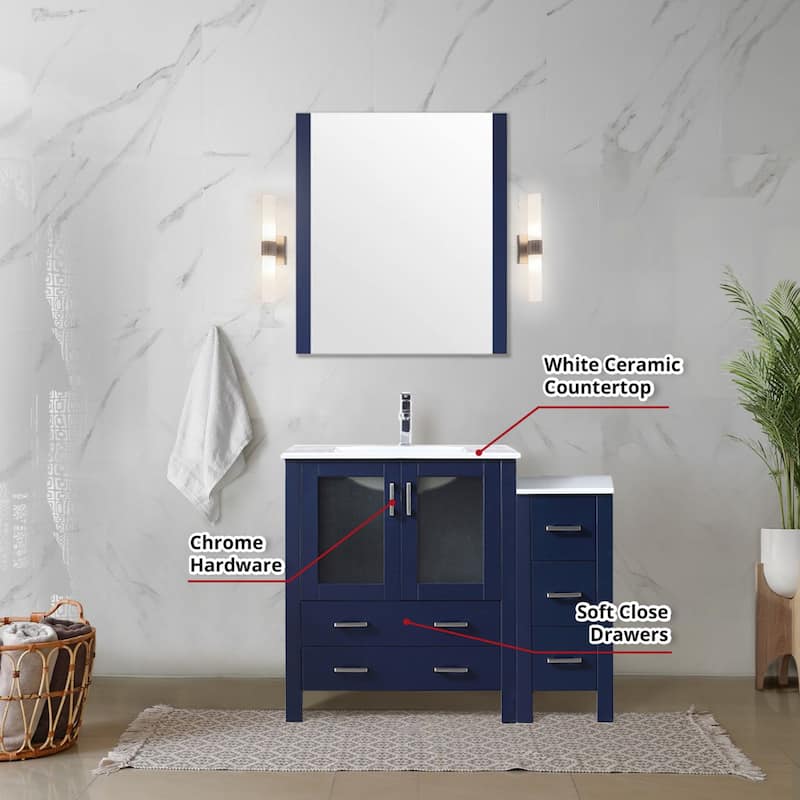 42" Navy Blue Bathroom Vanity with Side Cabinet, White Ceramic Countertop, Monte Faucet Set, and 28" Mirror