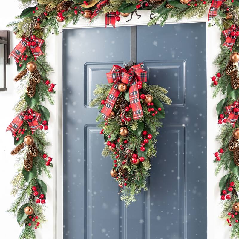 Glitzhome Christmas Bell Pinecone & Berry Bow Wreath Teardrop Garland Wall Decor