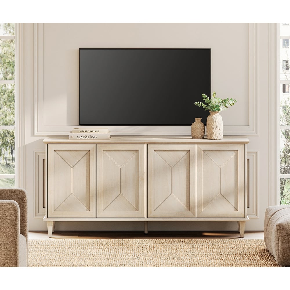 Modern Farmhouse TV Stand with Handcrafted Patchwork Doors for 55-130" TVs